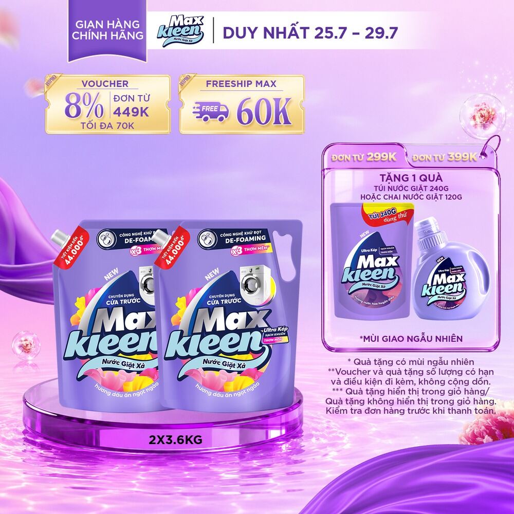 Combo 2 Nước giặt cho máy giặt cửa trước MaxKleen hương Dấu Ấn Ngọt Ngào 3.6kg