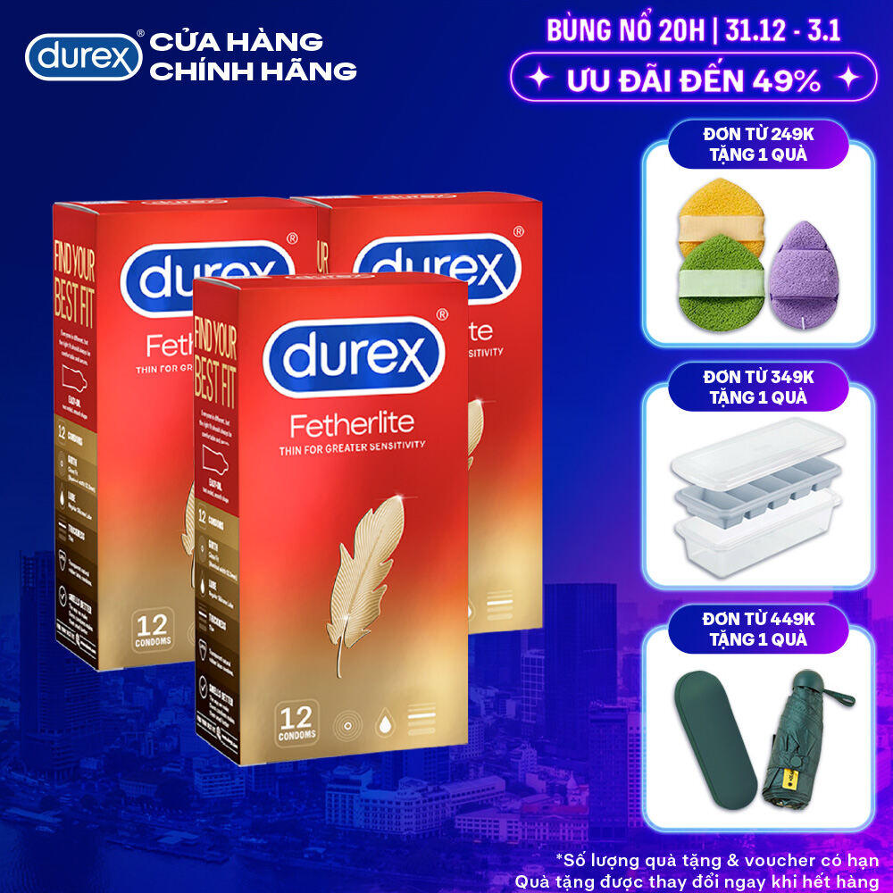  Bộ 3 hộp bao cao su Durex Fetherlite siêu mỏng size 52.5mm 12 bao hộp 