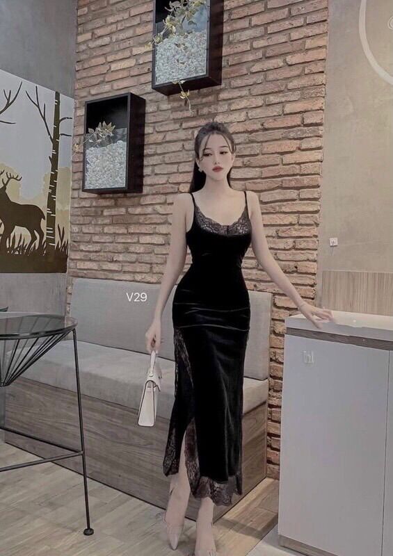 Đầm Nhung body 2 dây phối ren.