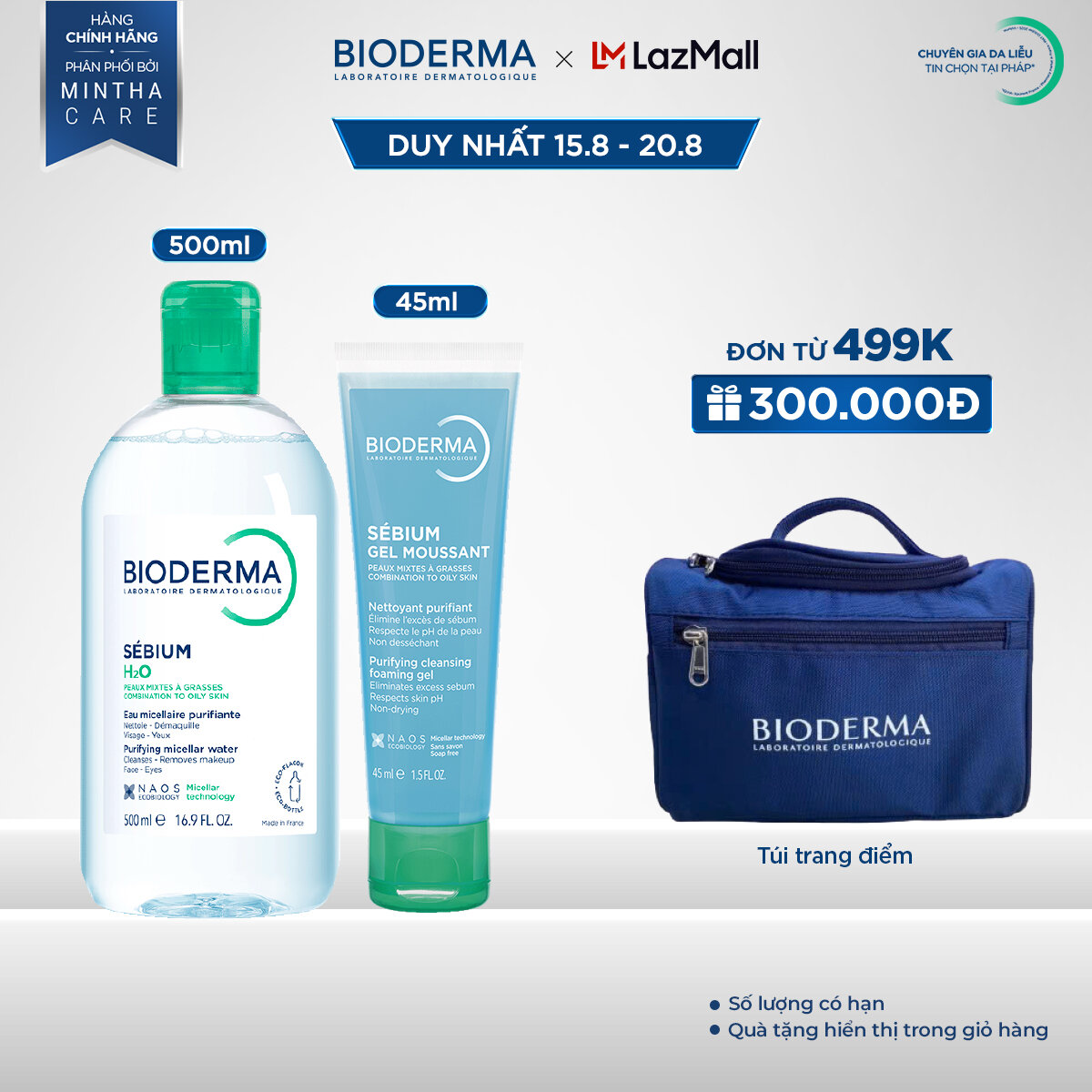 Bộ nước tẩy trang và làm sạch micellar cho da dầu, mụn Bioderma Sebium H2O 500ml và gel rửa mặt tạo bọt 45ml