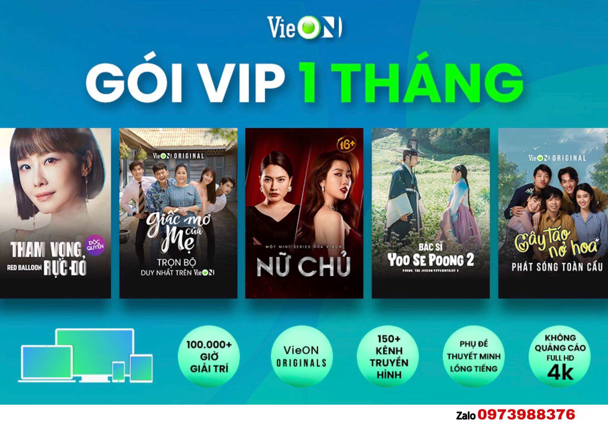 Tài Khoản VieON Gói VIP 1 Tháng - Xem không giới hạn- Không quảng cáo- Xem Phim Chất Lượng 4K Full H