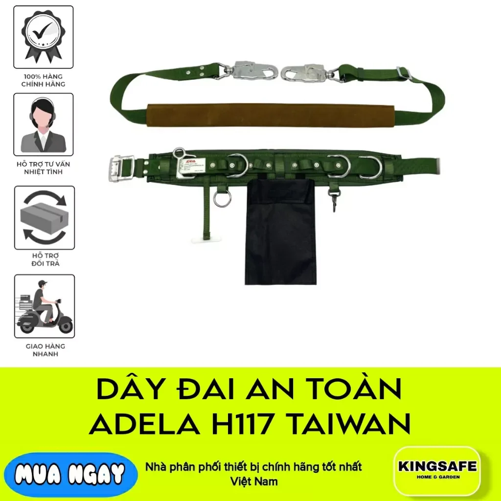 DÂY ĐAI AN TOÀN ADELA H117 ĐIỆN LỰC DÂY QUÀNG TRỤ 2 MÓC THÉP KHÔNG RỈ