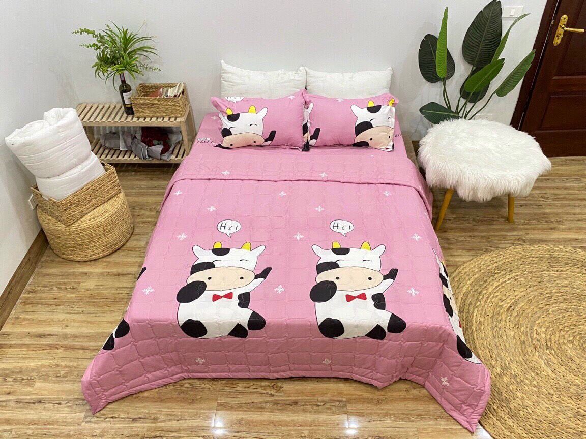 Bộ ga gối 4 món cotton poly con bò sữa