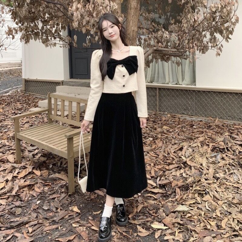 828 chân váy nhung,chân váy nhung xoe phong cách hàn