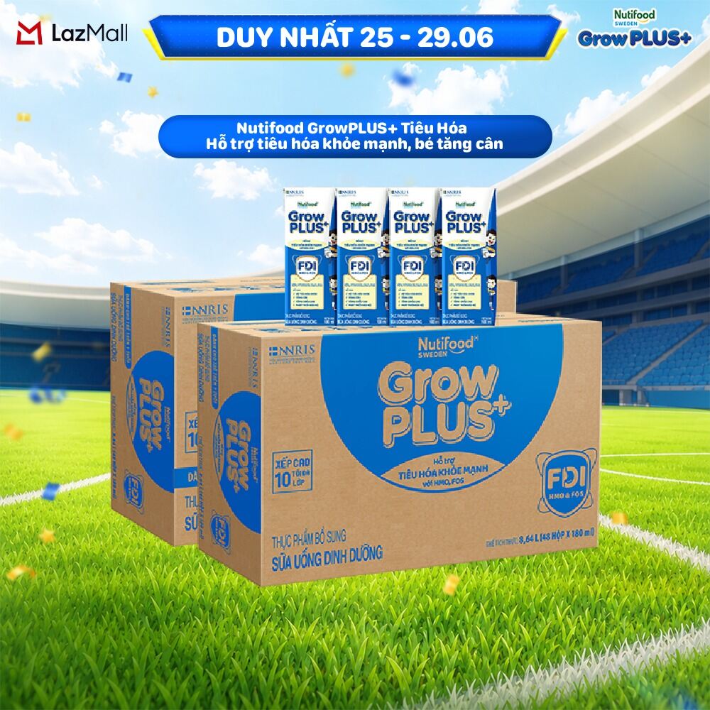 Combo 2 Sữa bột pha sẵn Nutifood Sweden GrowPLUS+ Tiêu Hóa (Xanh Nhạt) - Hỗ trợ tiêu hóa khỏe mạnh, bé tăng cân (48 hộpx180ml)