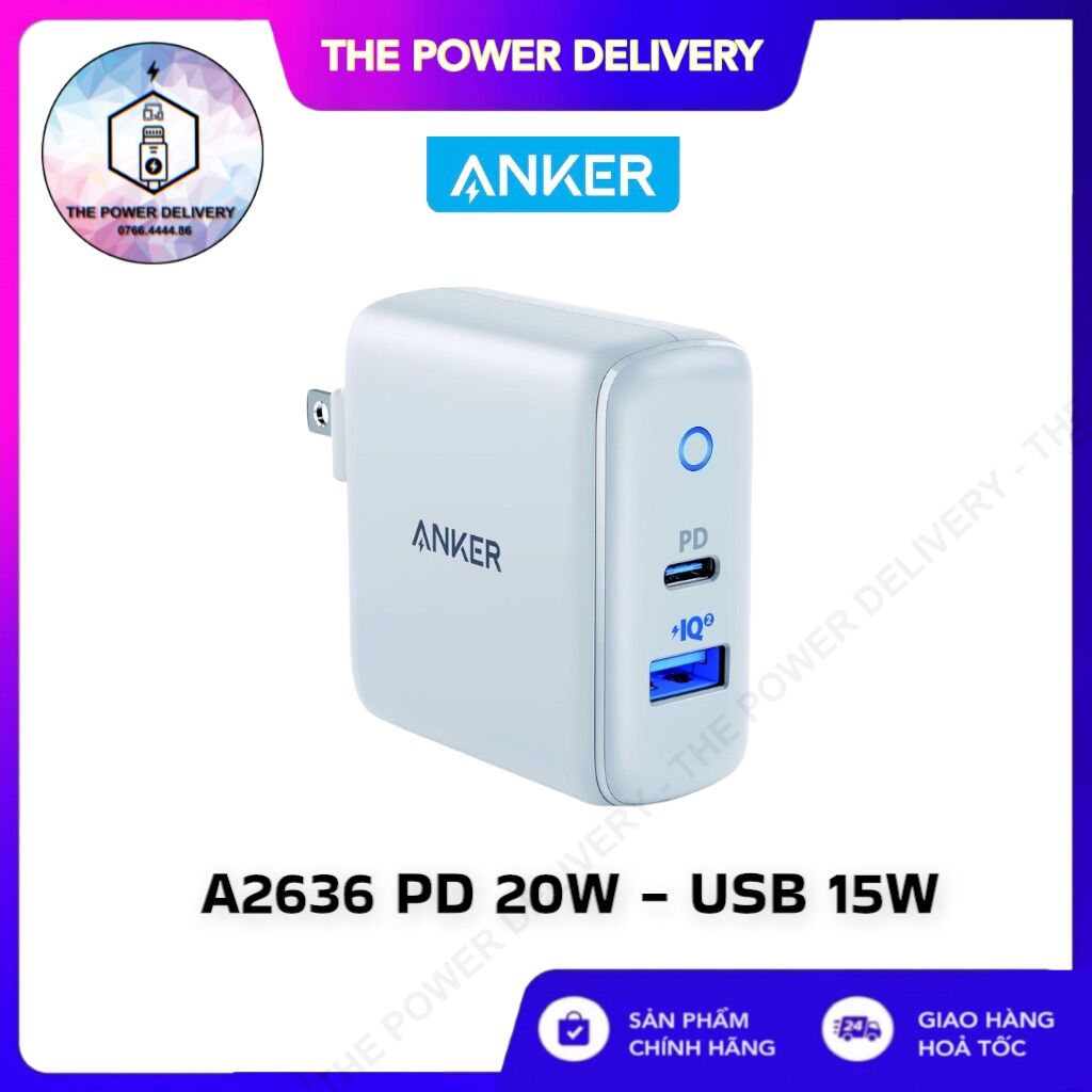 Sạc ANKER PowerPort PD+2 cổng 35w, 1 USB-C PD 20w, 1 PowerIQ 2.0 15w - A2636 - BẢO HÀNH 12 THÁNG