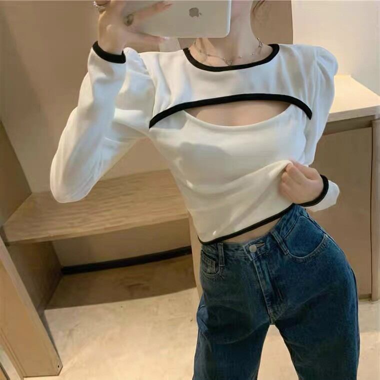 Áo croptop viền khoét thân trước tay dài