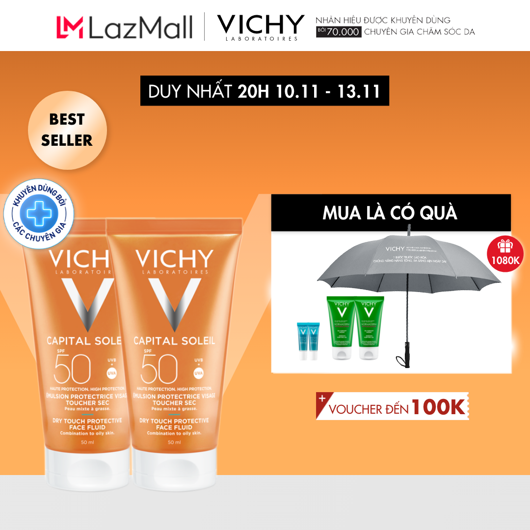 Bộ 2 kem chống nắng không gây nhờn rít Vichy Ideal Soleil Dry Touch SPF 50 Chống Tia UVA + UVB 50ml