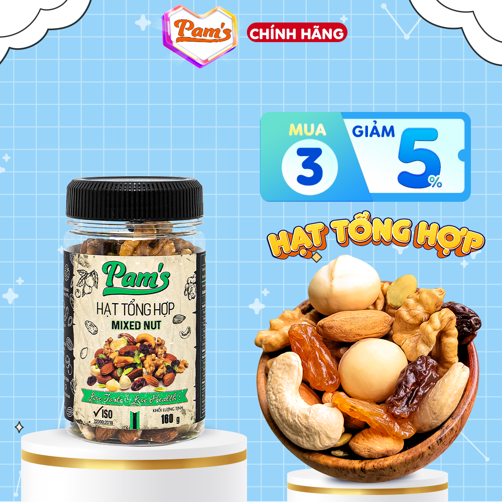Hạt dinh dưỡng mix 6 loại macca, hạnh nhân, nhân óc chó, hạt điều, hạt bí, nho khô úc pams160g/hũ