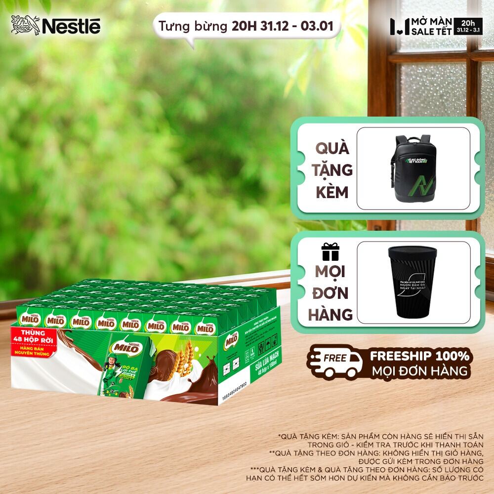   ƯU ĐÃI THÁNG 1  FREESHIP HCM  Thùng 48 Hộp Sữa lúa mạch không màng co Nestlé® MILO® 180ml 