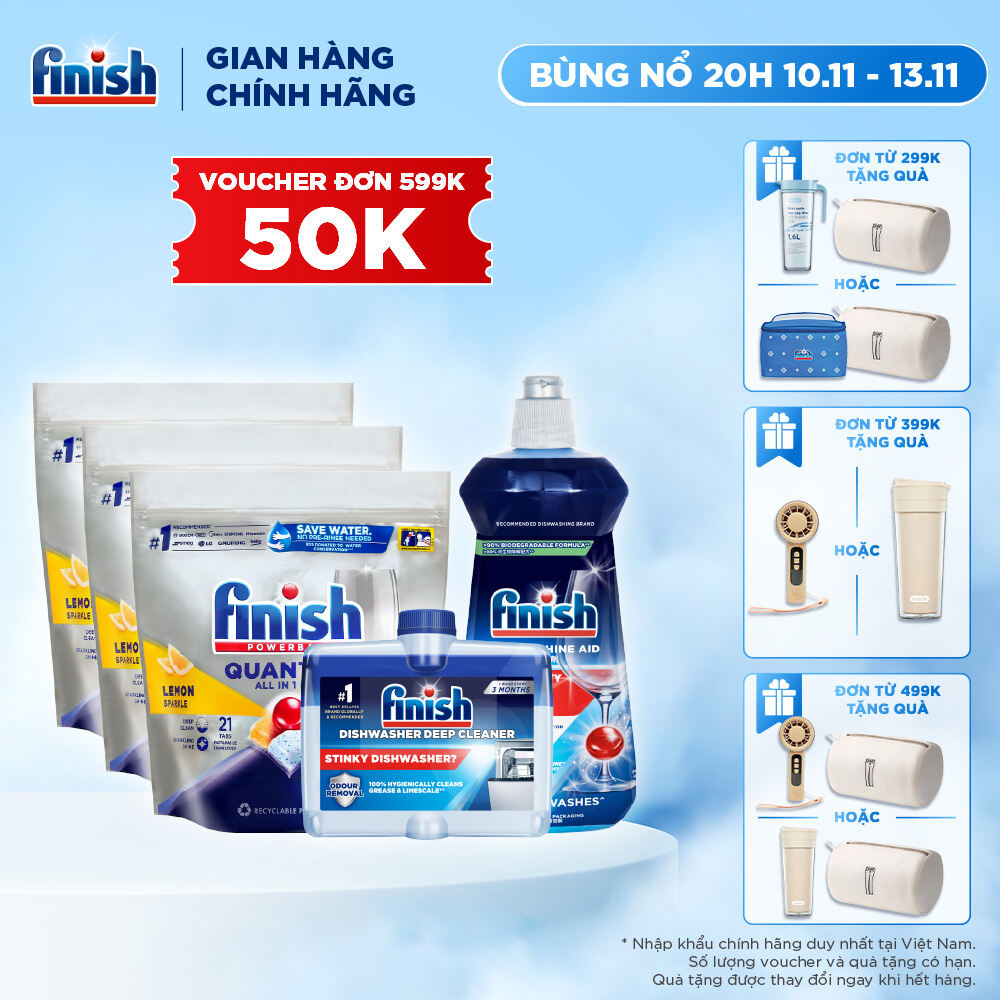Combo Nâng Cao: 3 X Túi 21 Viên Nước Rửa Bát Powerball Quantum + Nước Làm Bóng Rinse & Shine Aid + D