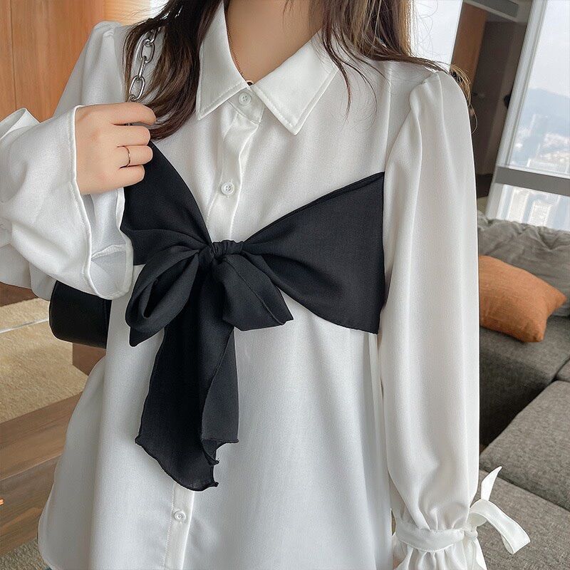 Áo sơ mi có phối dây đen quấn eo xinh t1