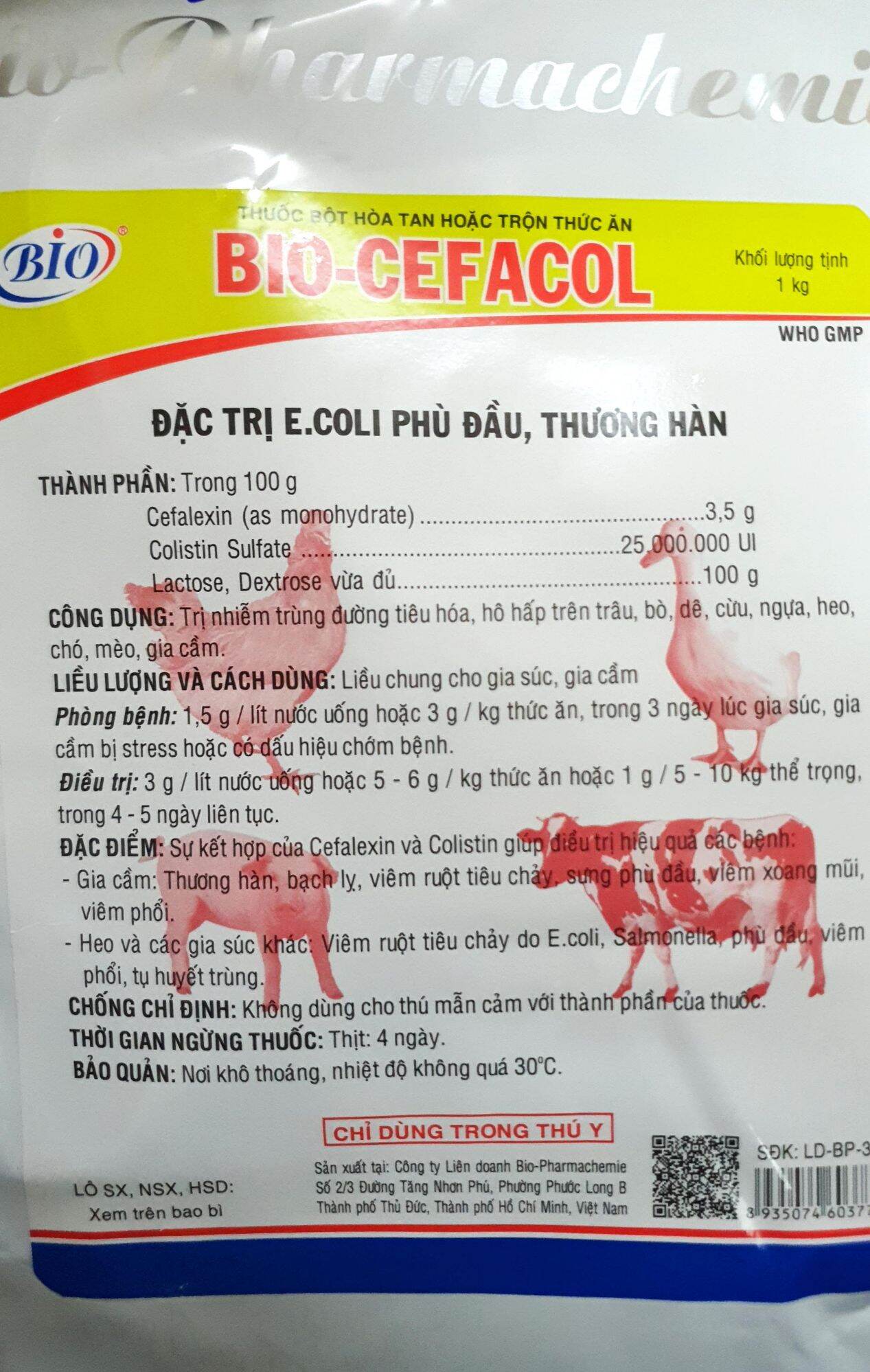 Bio CEFACOL (1kg) - Cefa + Colistin đặc tr.i. thương hàn, tiêu chảy phân trắng, viêm xoang mũi, sưng phù đầu cho gà đá, vịt