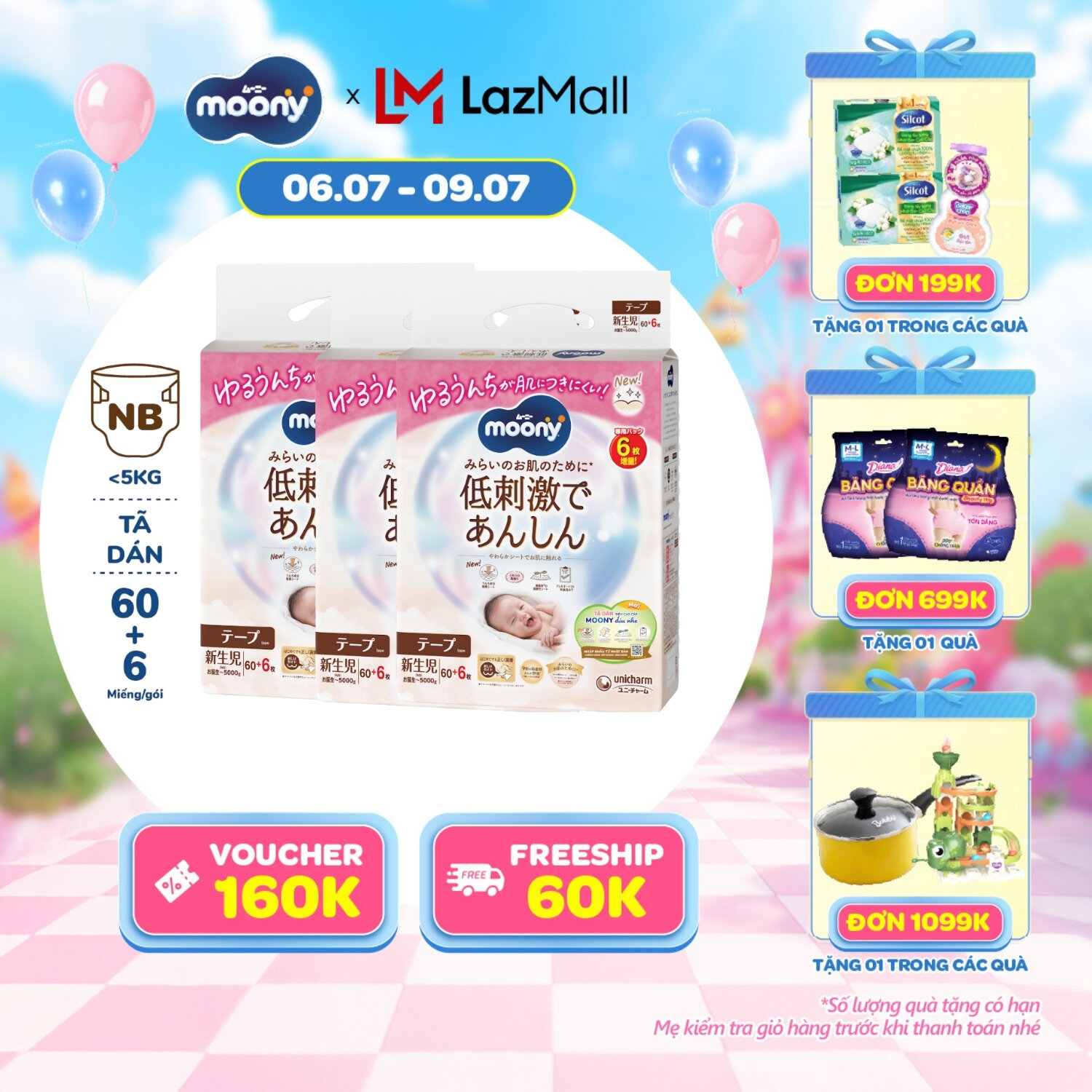 [SALE CUỐI THÁNG QUÀ SLCH] Combo 3 tã dán Moony Dịu Nhẹ siêu cao cấp Newborn 60(6) miếng - Nhập khẩu từ Nhật Bản