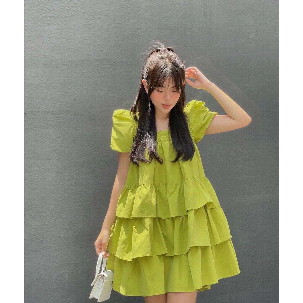 Đầm babydoll tay phồng phối tầng đi chơi đi dạo mặc tết siêu xinh