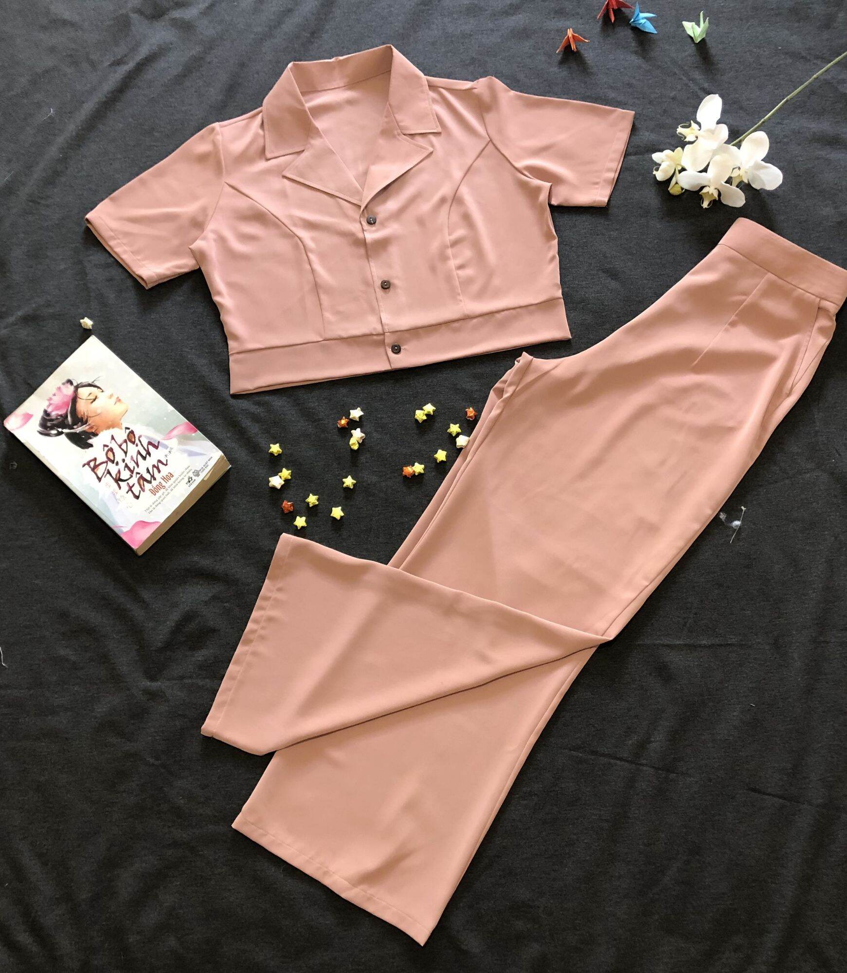 bộ croptop quần ống rộng mango