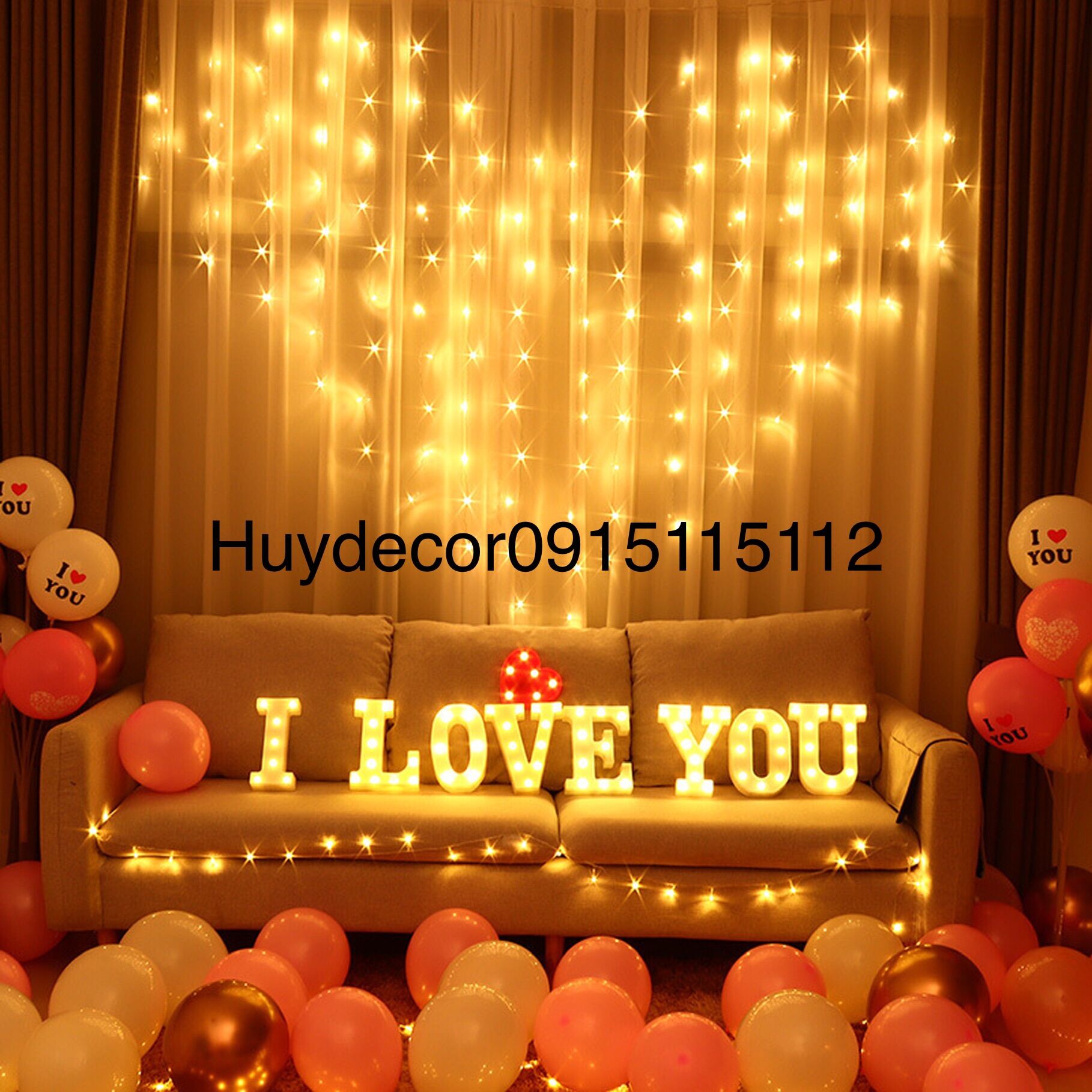 Đèn rèm led hình trái tim Huydecor trang trí
