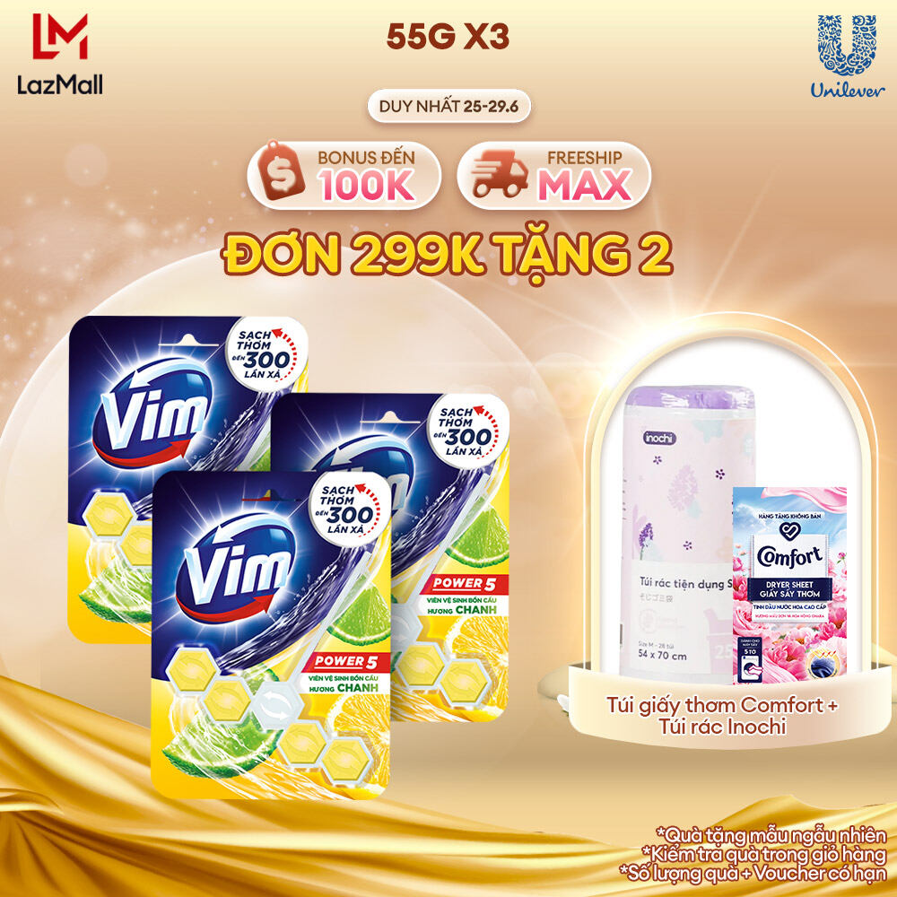 Combo 3 Viên treo bồn cầu VIM Power 5 Hương Chanh 55G x 3