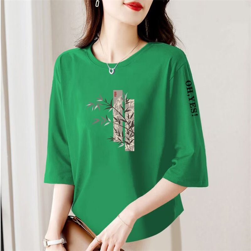 Áo Thun Tay Lửng in Họa Tiết Phong Cách Trung Hoa Rộng Rãi Cho Phụ Nữ Trung Niên Và Cao Tuổi Mùa Hè Thường Ngày