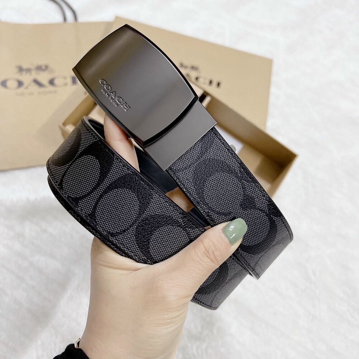 Set thắt lưng nam Coach hàng đẹp, chất da thật pha canvas dày dặn full box