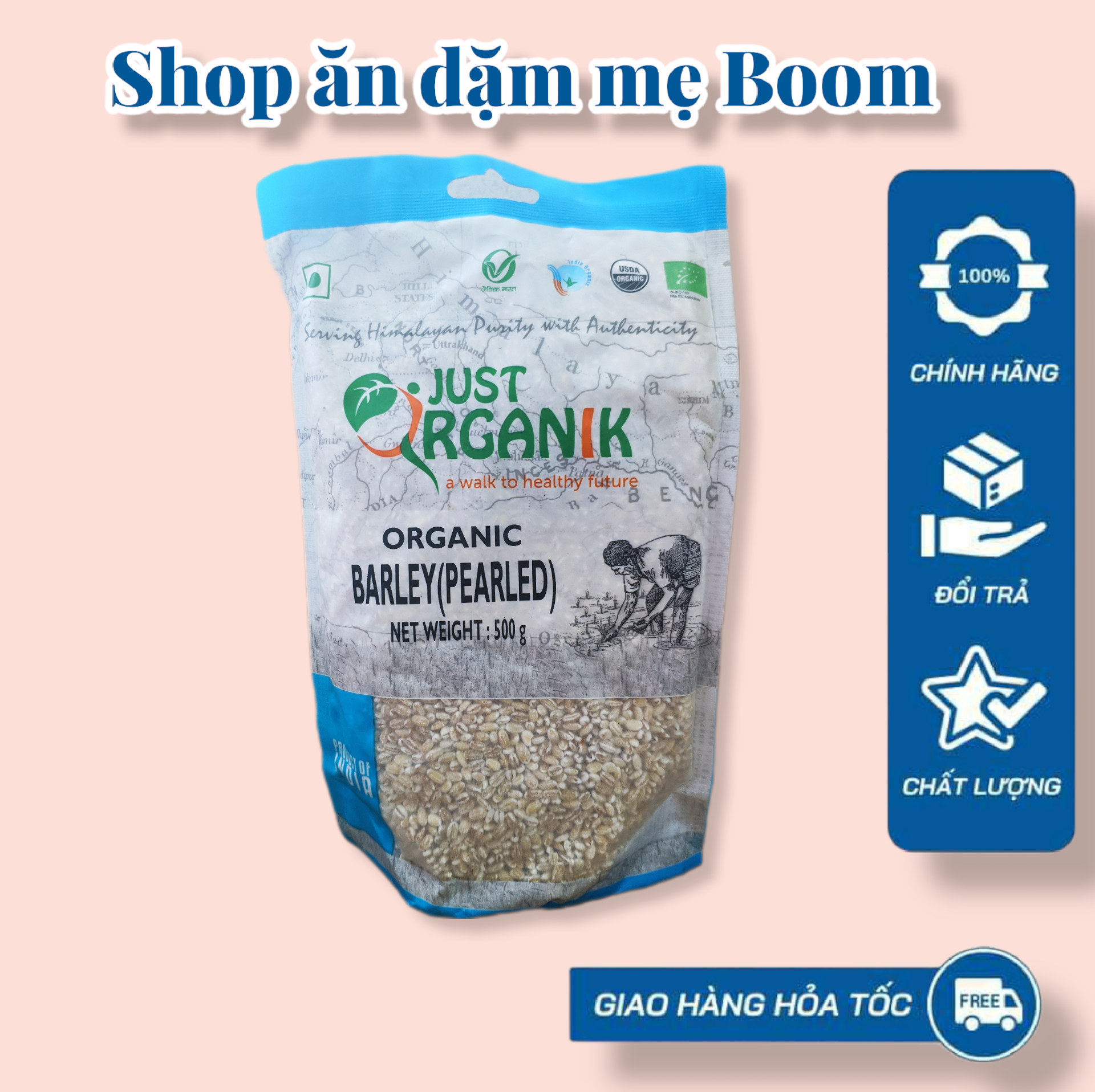 Hạt lúa mạch ngọc trai hữu cơ just organik 500g