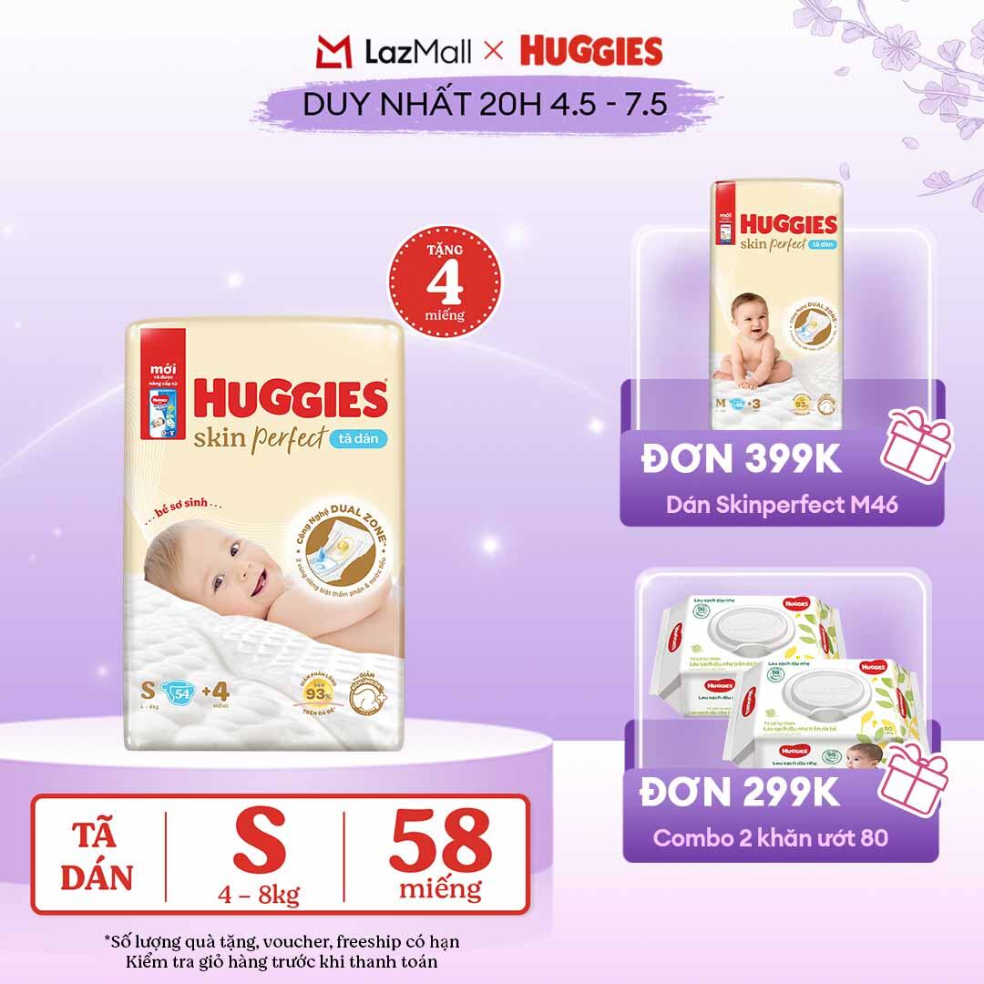[CHỈ 20h 04-07.05 QUÀ TẶNG ĐƠN 0Đ]  Tã/bỉm dán sơ sinh Huggies Skin Perfect S 54 miếng với 2 vùng thấm giảm kích ứng da