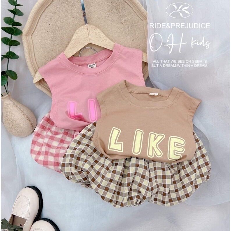 Bộ chữ like kèm quần kẻ cho bé gái 7-21kg