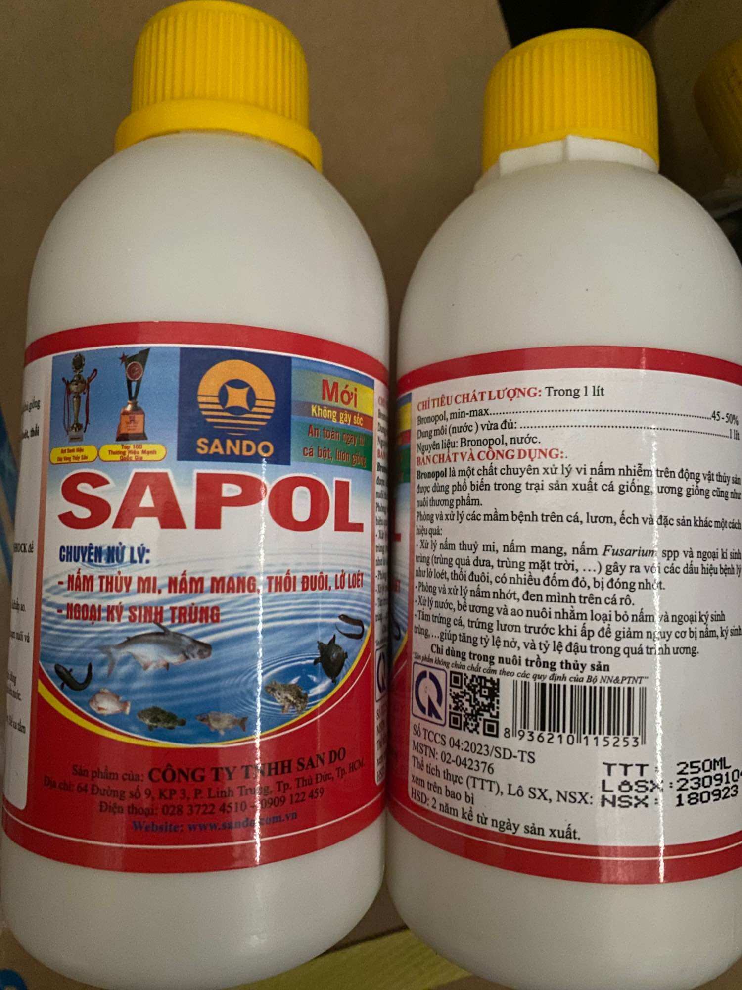 Sapol 250ml phòng trị nấm khuẩn ngoại ký sinh trùng trên lươn, cá, ếch. Ấp trứng lươn