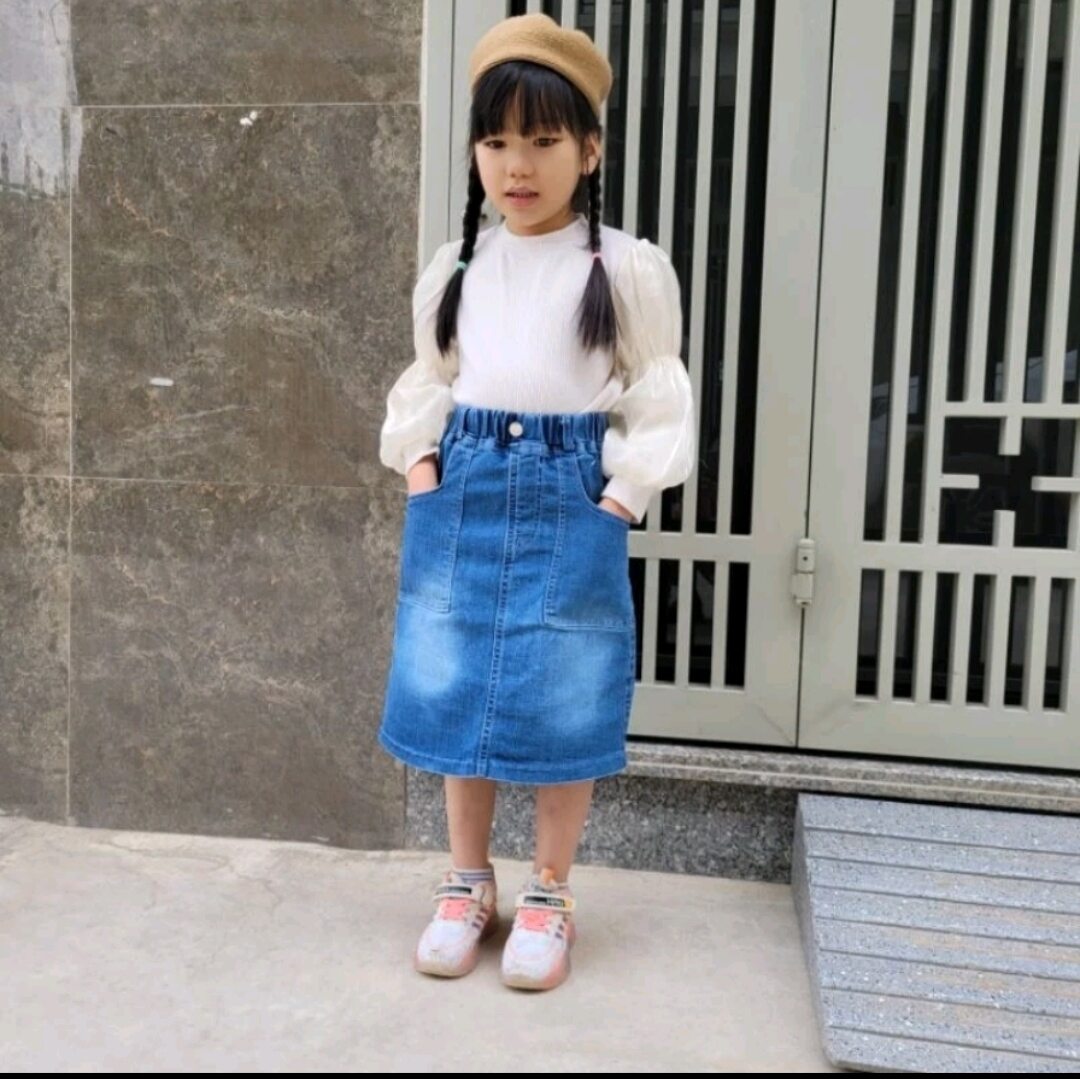 Chân váy jeans dáng xuông bé gái sz 18-40kg ,chân váy bò dáng dài qua gối cho bé gái
