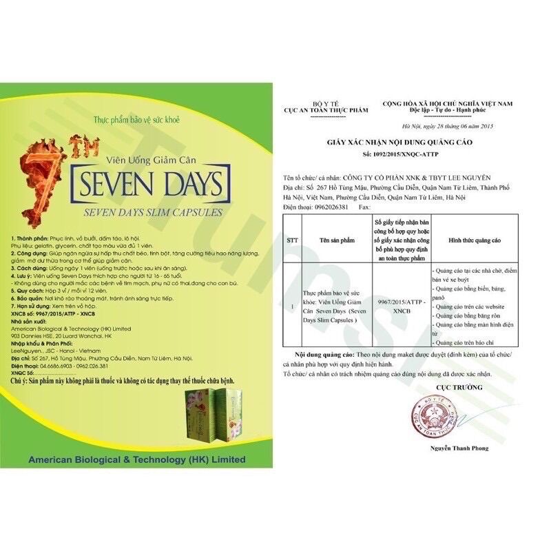 GIẢM CÂN SEVENDAY AN TOÀN, HIỆU QUẢ (36 viên)