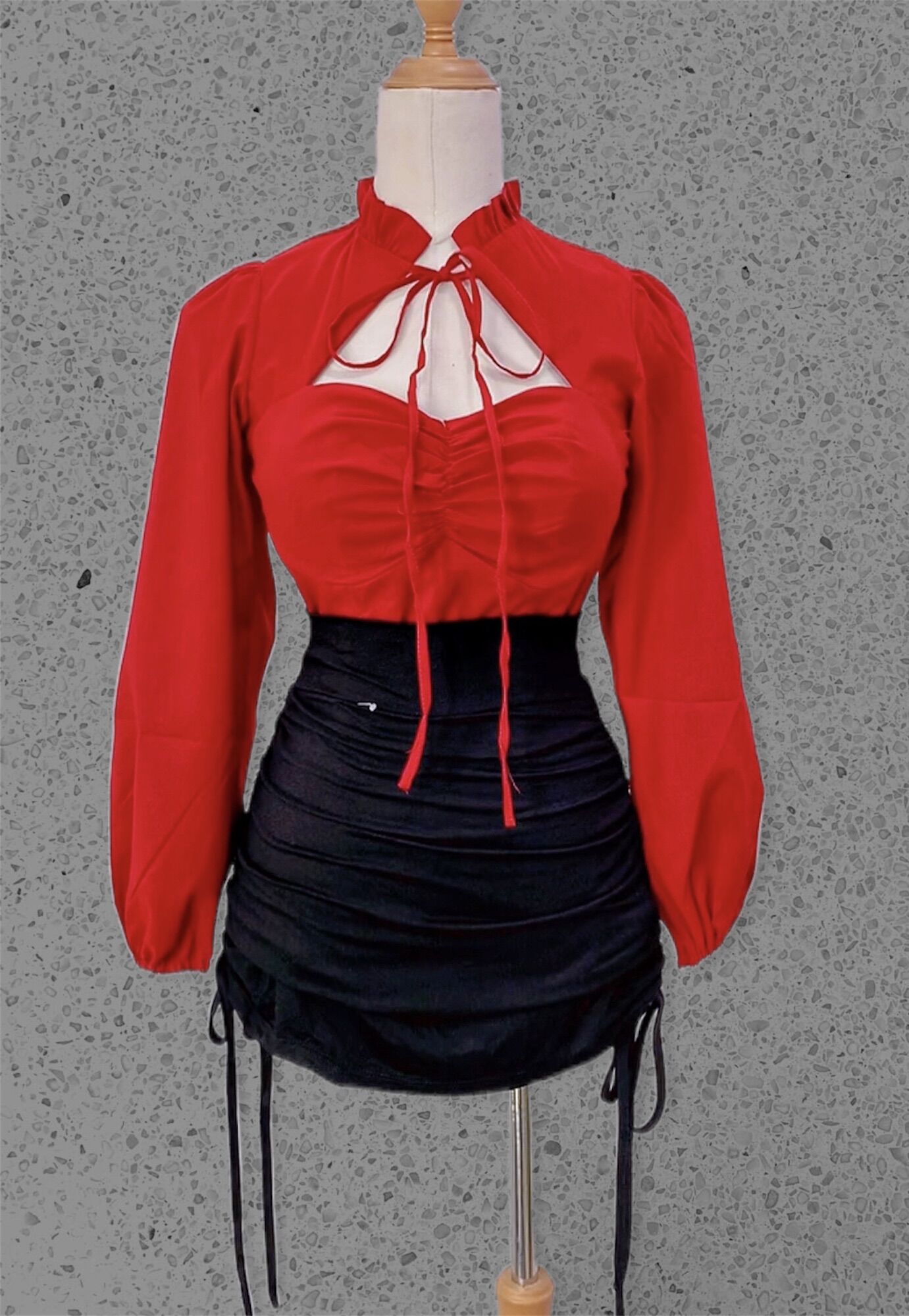 Áo croptop tay dài phồng có cột nơ