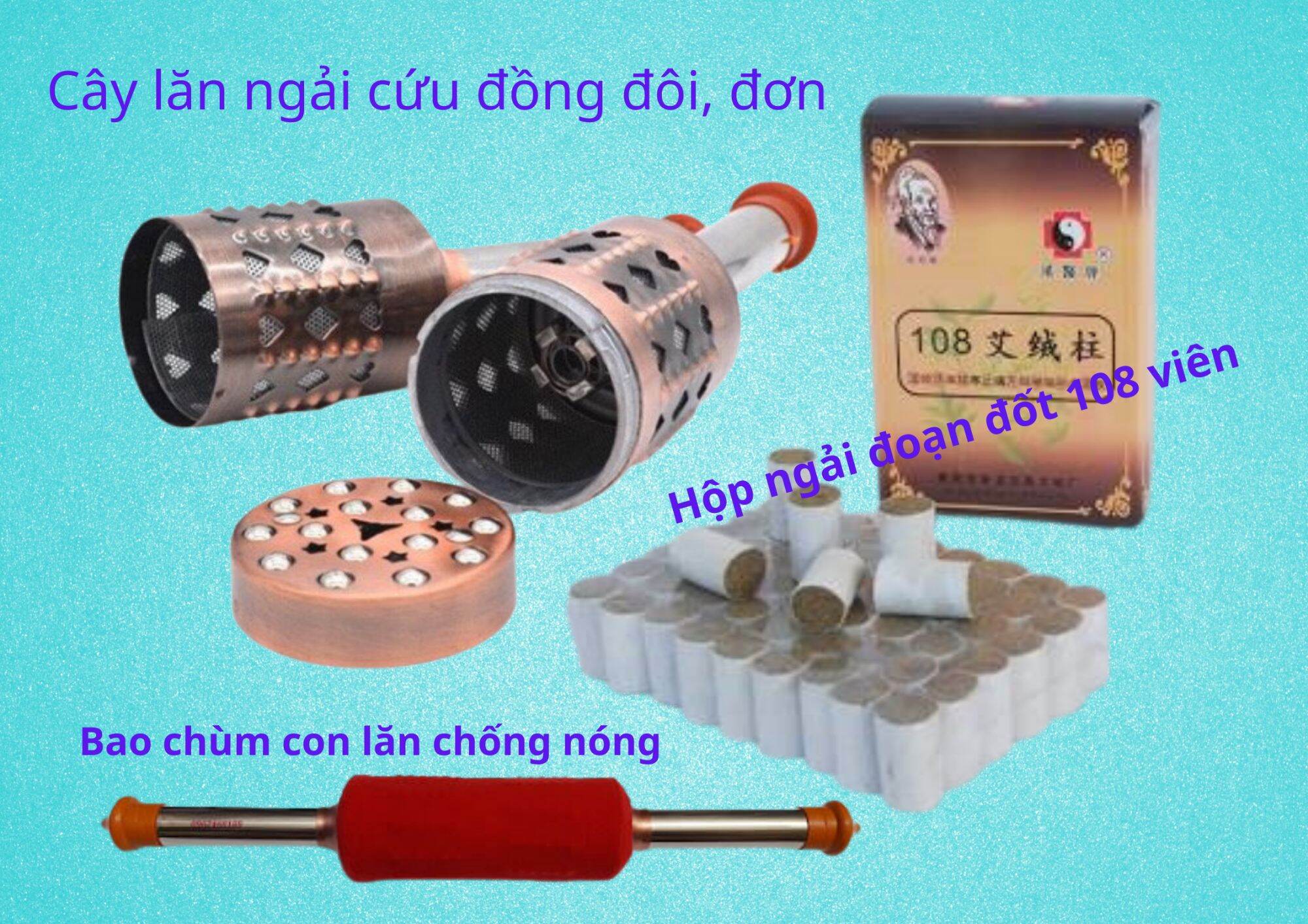 Cây lăn ngải cứu bằng đồng đôi + Hộp ngải cứu 108 viên, bao nhung chống nóng