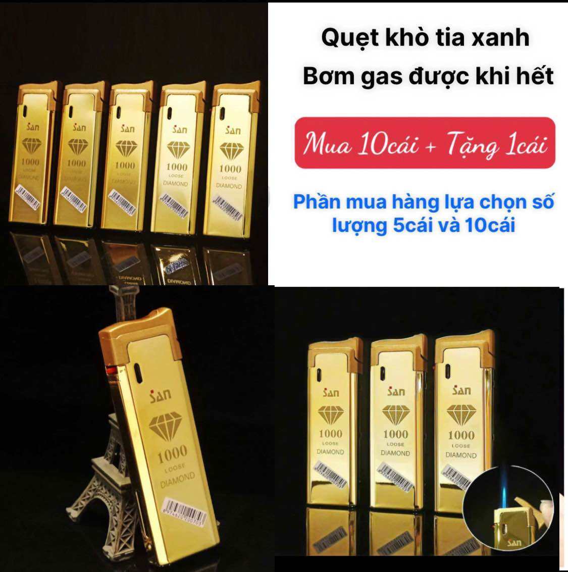 Combo 5 cái Hột quẹt Bật lửa khò tia xanh vỏ kim loại Màu Vàng Trơn óng ánh ( 5cái và 10cái )