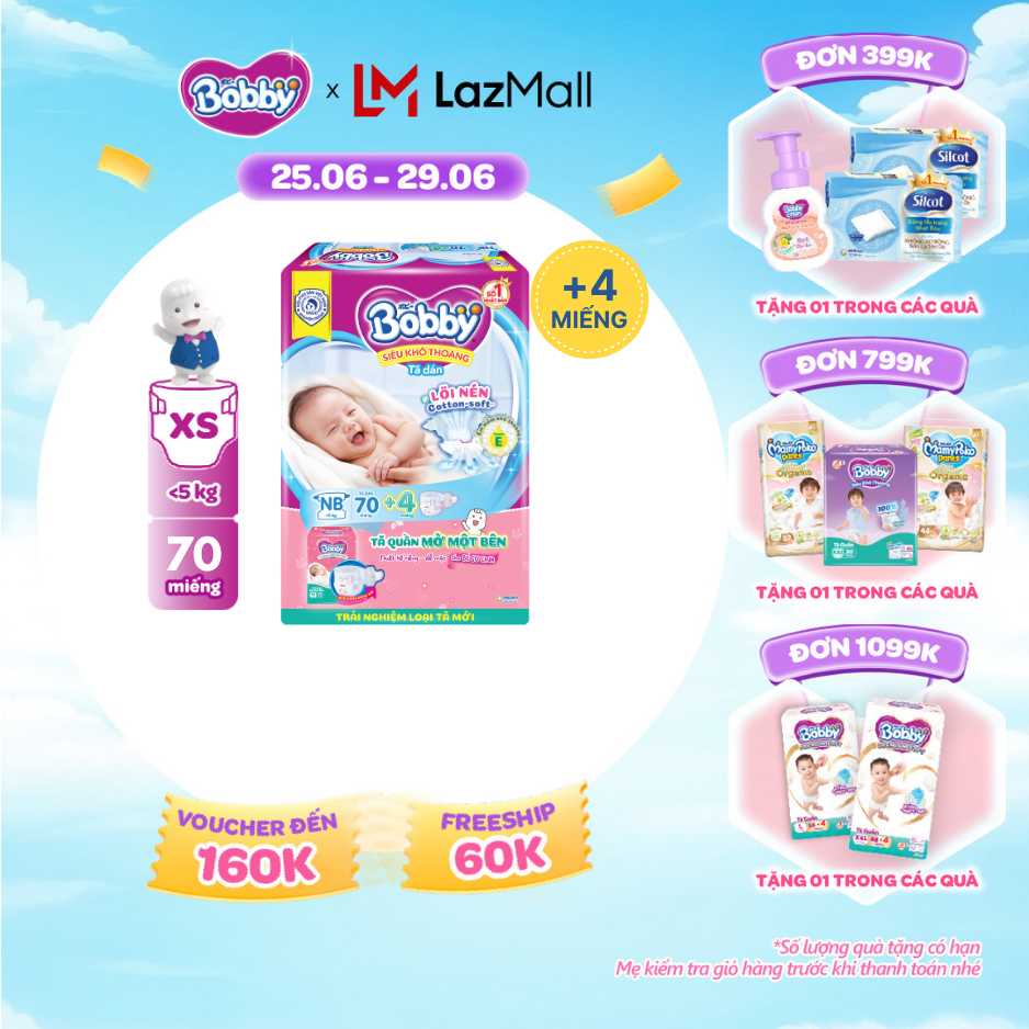 [SALE CUỐI THÁNG tặng QUÀ TO-SLCH]Tã dán Sơ sinh Bobby XS70 mới + tặng kèm 4 miếng tã quần mở một bên size NB/NB-S