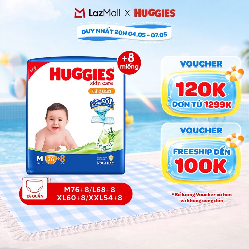 Tã/bỉm quần HUGGIES SKINCARE gói M76+8/L68/XL60/XXL54