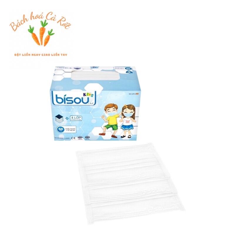 Khẩu trang y tế 4 lớp kháng khuẩn Bísuo dành cho em bé từ 4-9 tuổi , hộp 50 cái trắng xanh Hồng .