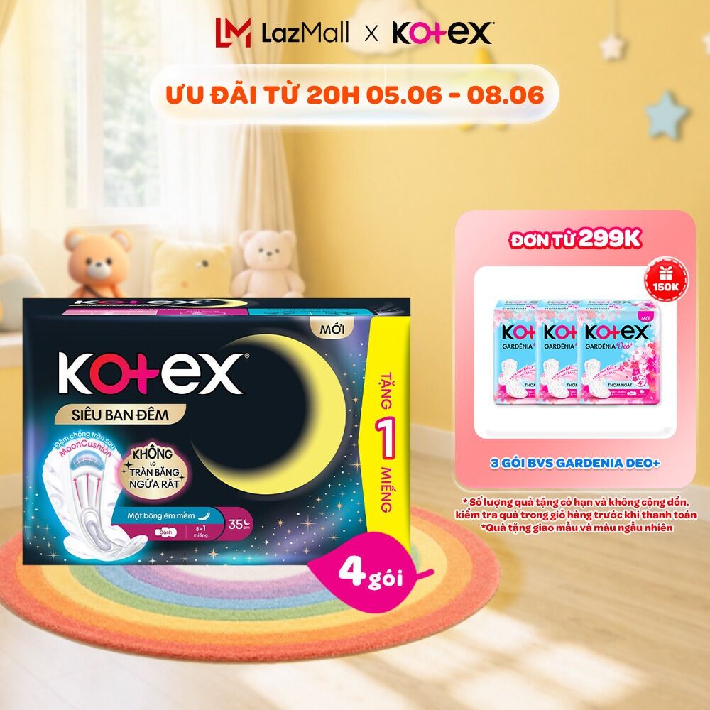 Lốc 8 gói BVS Kotex Siêu Ban Đêm 35cm Mặt bông Êm Mềm chống tràn sau 8+1 miếng