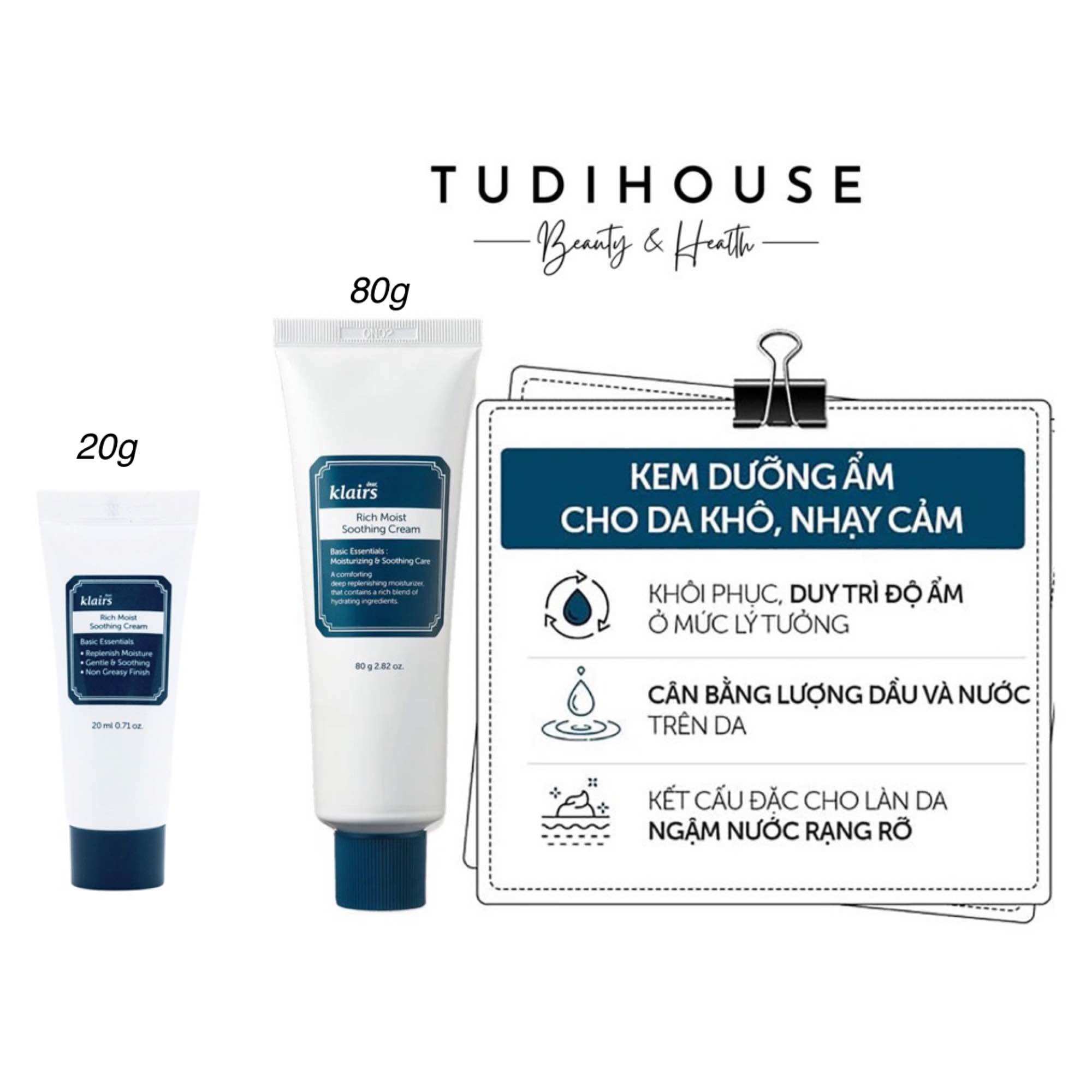 Kem dưỡng dear klairs dưỡng ẩm và làm mịn da rich moisture soothing 80ml