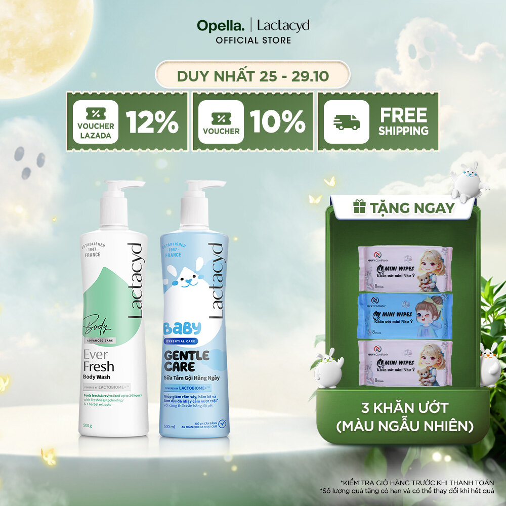 Bộ 1 Sữa tắm Lactacyd Ever Fresh mang lại làn da thơm mát và tràn đầy sức sống đến 24 giờ + 1 Sữa Tắm Gội Trẻ Em Lactacyd Baby Gentle Care Bảo Vệ Dịu Nhẹ Cho Làn Da Nhạy Cảm 500ml Cho Bé