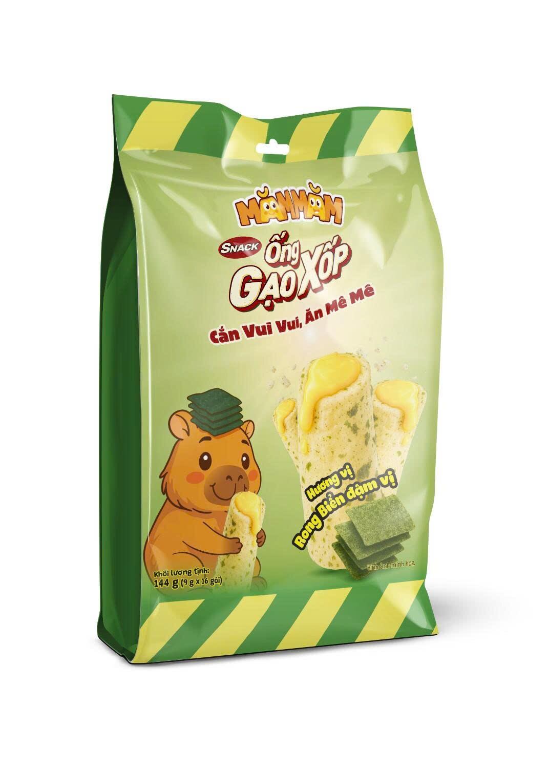 Thùng 12 Túi Bánh Snack Ống Gạo Xốp - Vị Rong Biển ( 18 gram × 8 ống × 12 Túi)