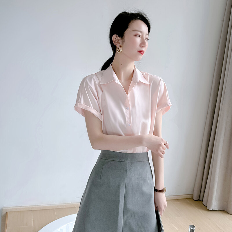 Áo Sơ Mi Ngắn Tay Màu Xanh Cho Nữ Thanh Lịch Chuyên Nghiệp Thường Ngày Chống Nhăn Quần Áo Bảo Hộ Lao Động Dáng Rộng Đi Làm Nửa Tay Áo Mùa Hè