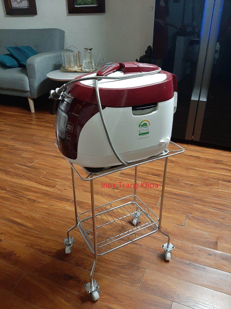 Kệ inox để nồi cơm hình bầu dục có bánh xe