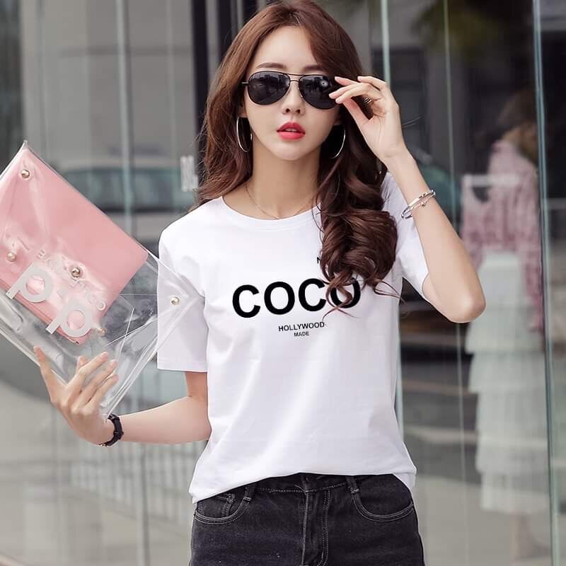 [HCM]Áo thun nữ MXM cổ tròn in chữ COCO thun 4 chiều form suông từ 40-56kg  ( ANU014 )