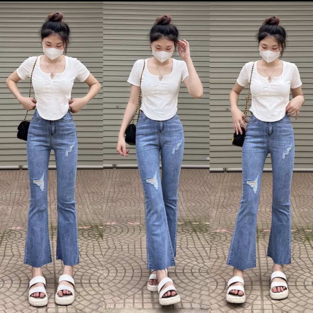 Quần jean ống loe lửng rách nhẹ siêu xinh - dài 90-93 lưng cao co giãn phanthanhshop