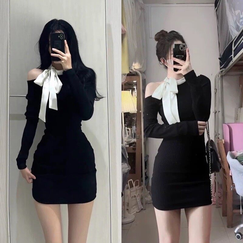 Đầm body bẹt vai phối dây cột nơ dpn1