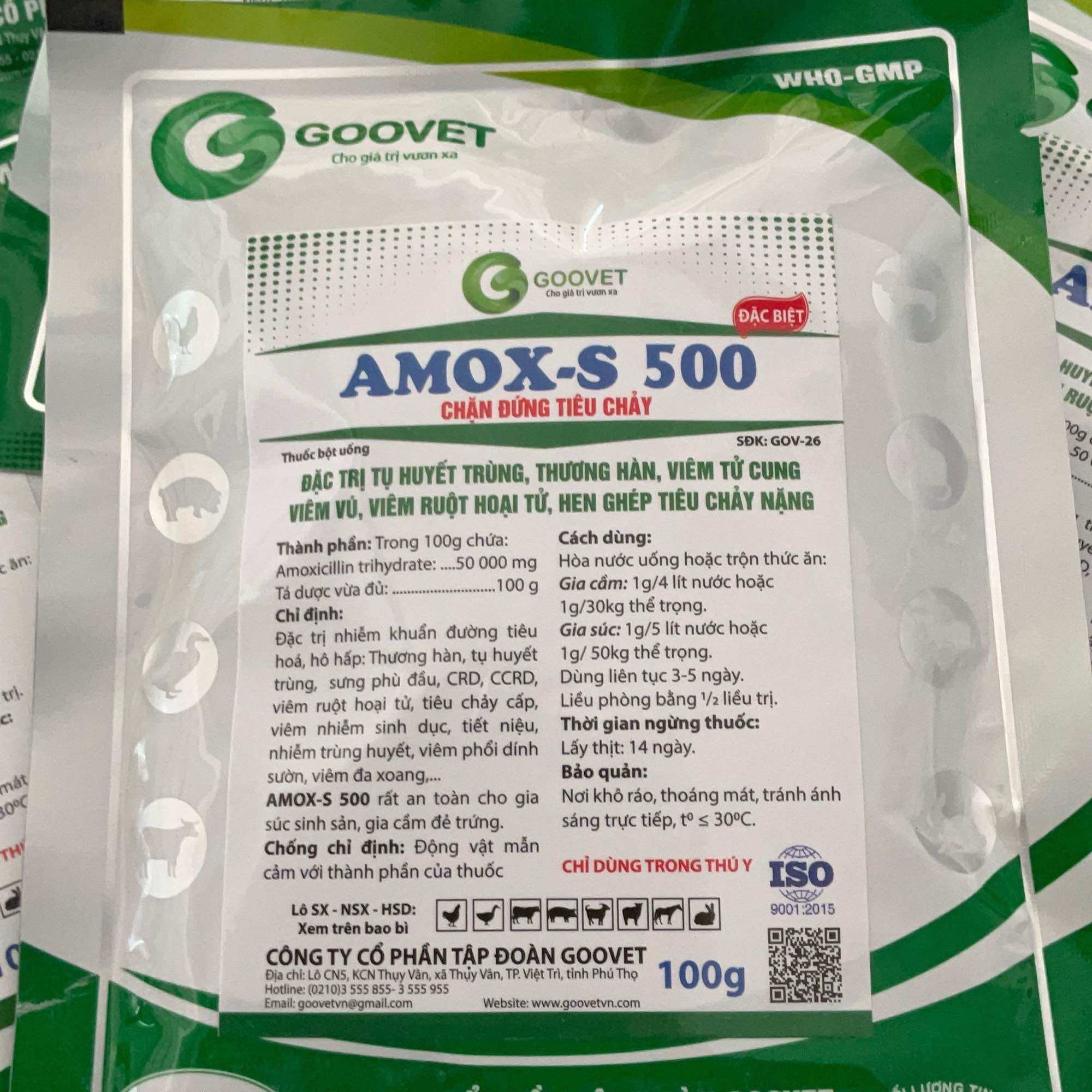 Amox S 500 (100g) thuốc trị tiêu chảy thương hàn tụ huyết trùng đường ruột phân xanh phân trắng trên