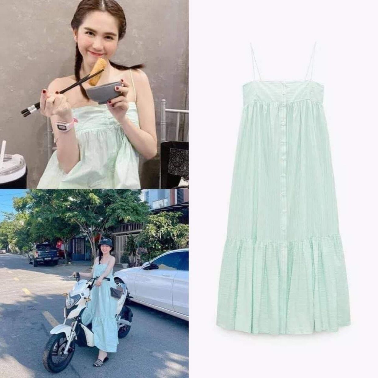 Váy midi hai dây xanh ngọc trinh mặc,mẫu váy midi dáng dài hot 2021 .Váy zara hai dây auth có sẵn