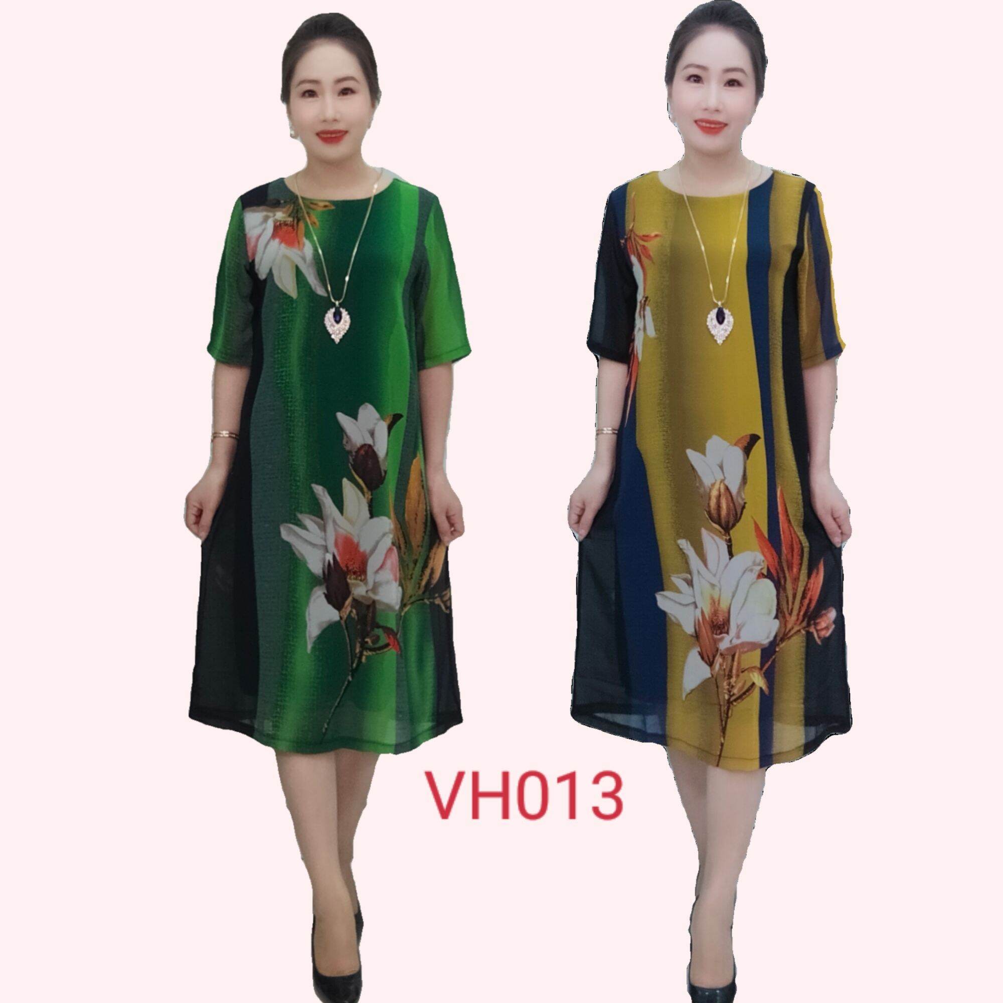 Váy Đầm trung niên VH013  in hoa 3D. Chất liệu von hàn quảng châu 2 lớp fom dáng suông A che bụng sang trọng lịch