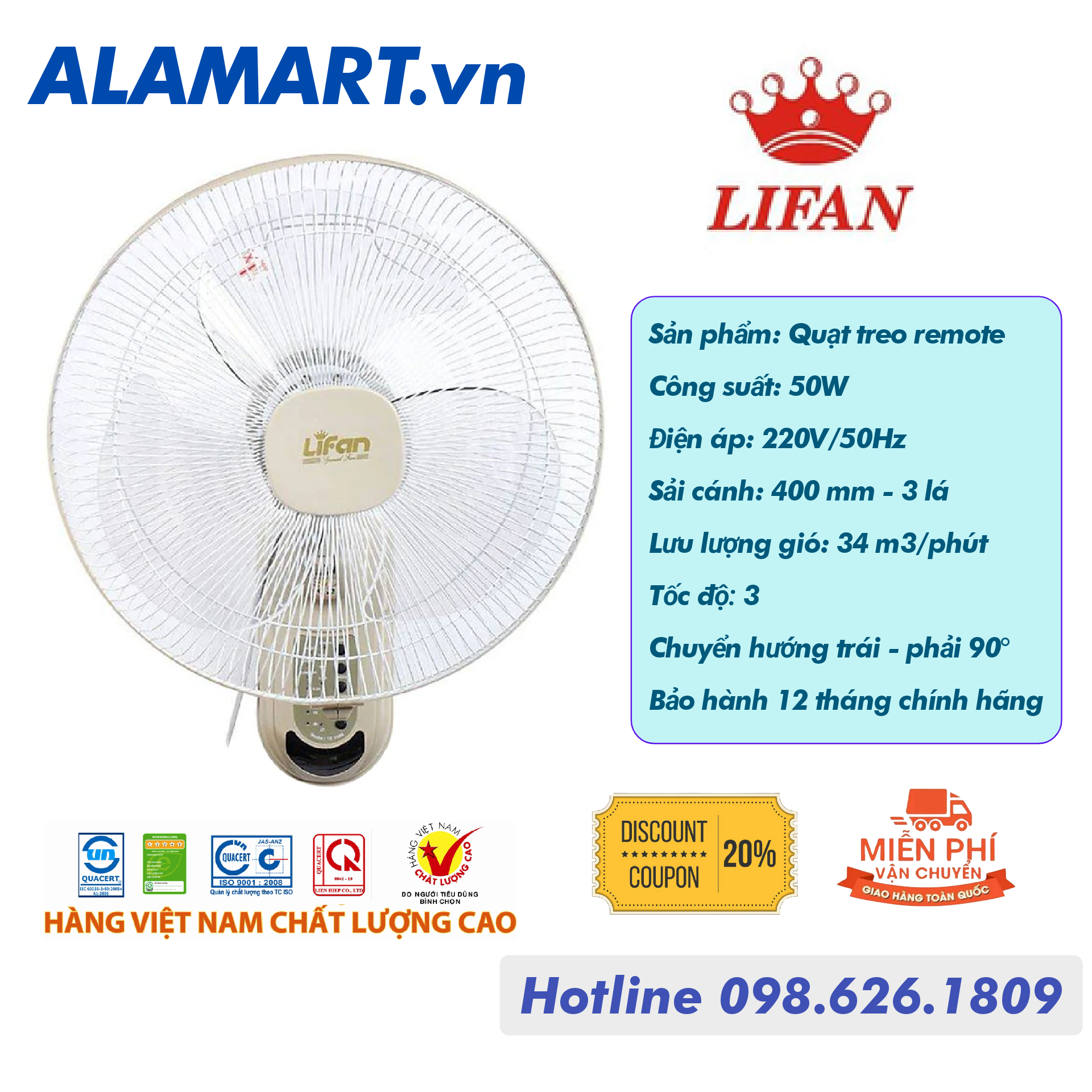 QUẠT TREO REMOTE LIFAN TE-1688