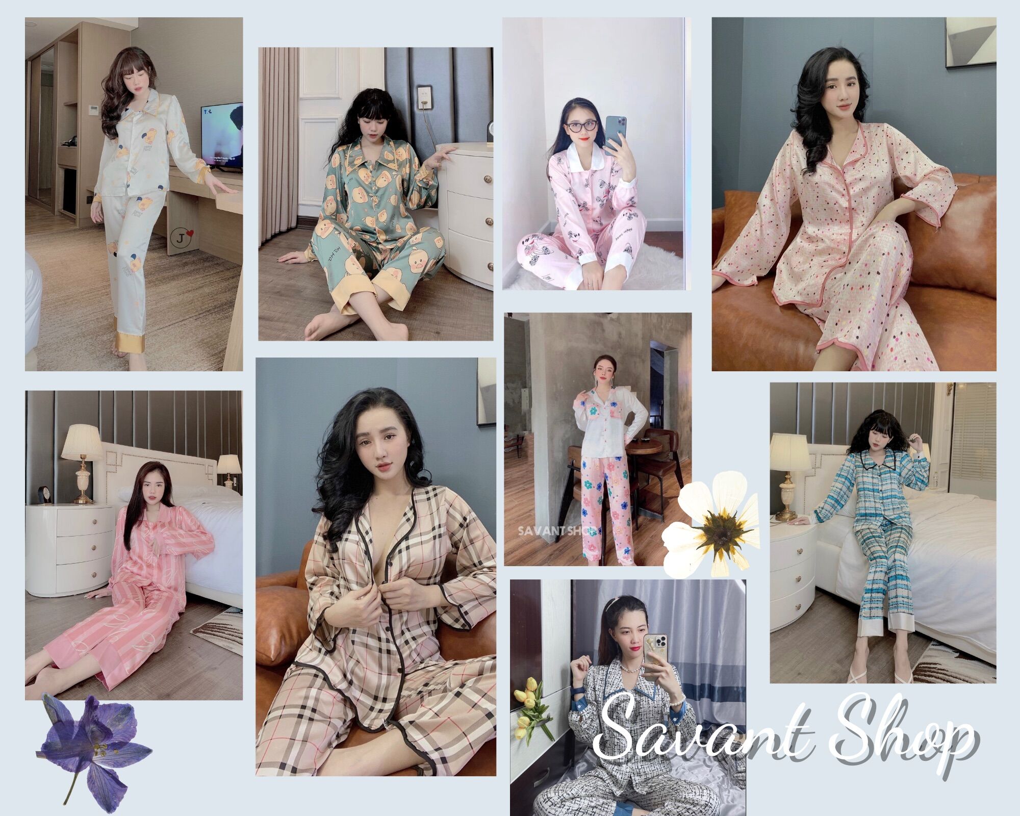 Đồ bộ pyjama lụa satin tay dài quần dài dễ thương - savant shop